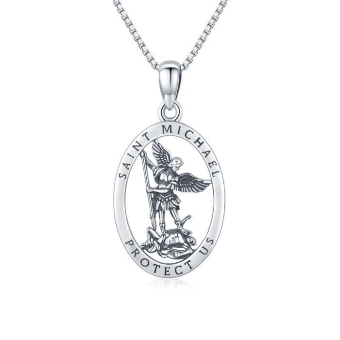 925 Sterling Silver Oval Saint Michael Medal Archangel Catholic Protect Us Oxidation Pendant Necklace